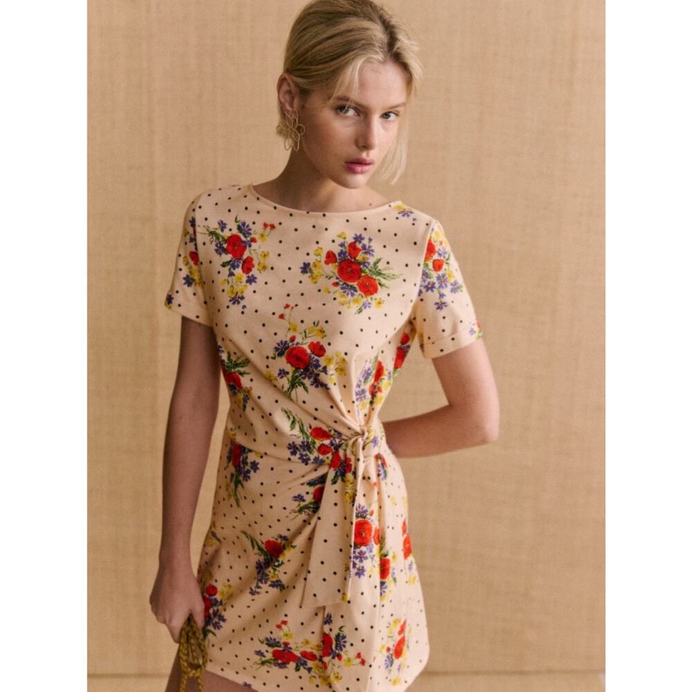 Sézane Pippa Short Dress Size XS Red Blue Floral Cotton Tie-Waist French Casual